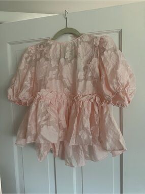 MARBLE Blush Pink Floral Peplum Puff Sleeve Top